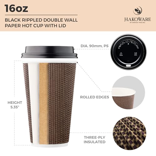 Brown 16 oz Disposable Paper Coffee Cups with Lids - Insulated Double-Walled