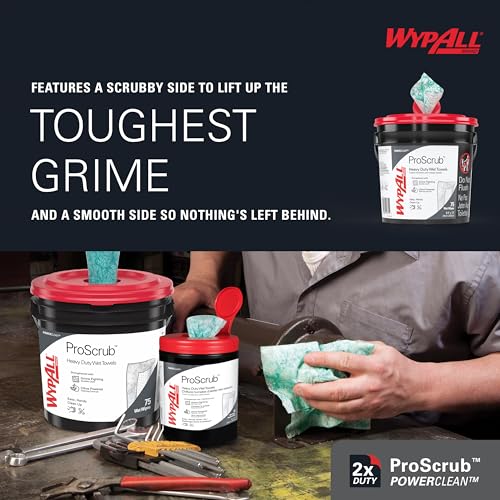 WypAll PowerClean ProScrub Heavy Duty Wet Towels with Bucket Included, 75 Sheets per Container