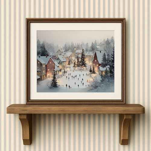 Christmas Village Winter Scene Wall Art Print, Ice Skating Holiday Painting, Snowy Town Square Christmas Decor, Rustic Farmhouse Holiday Wall Artwork, Cozy Festive Home Decoration (8X10inch-Unframed)