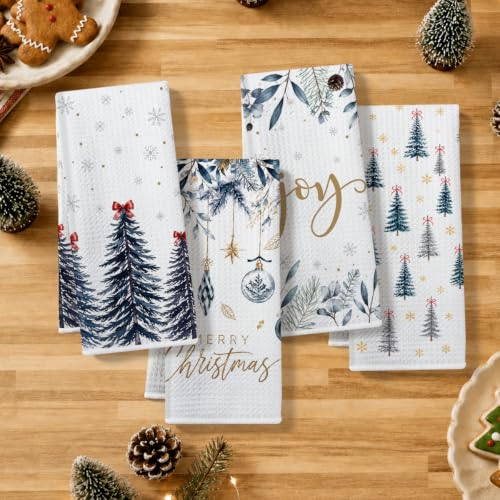 JIUWEIHU 4 Pcs Blue Christmas Kitchen Towels Winter Xmas Tree Dish Cloths Multi 0346