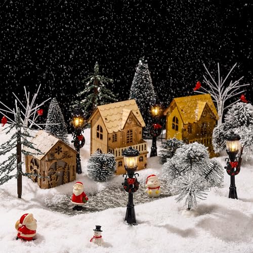 Aoriher Christmas Village Figurine Set with Miniature Snow Trees & Streetlights - 15 Pieces