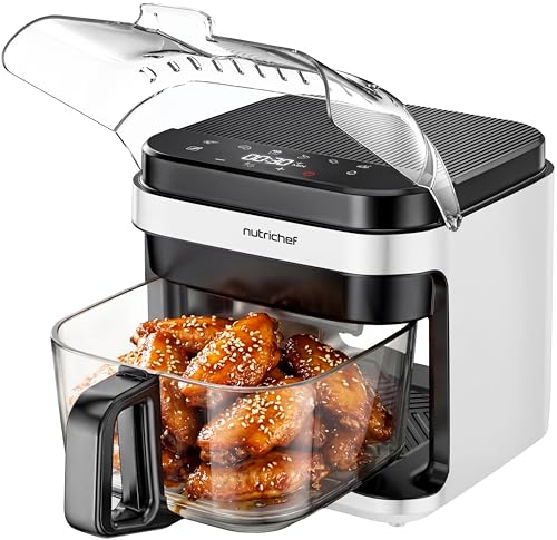 NutriChef White 5.8 Quart Glass Air Fryer with 8-In-1 Digital Presets, Compact Stainless Steel Design