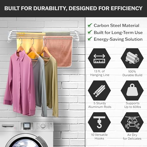 White Foldable Wall-Mounted Clothes Drying Rack - 13.2 Ft, Supports 60 lbs