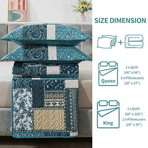 Bedifany Dreamland Blue King Quilt Set - 100% Cotton Cover + Filling, Lightweight All-Season 3-Piece