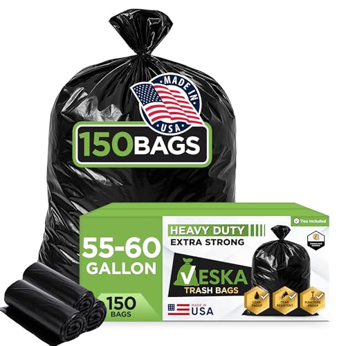 Veska 150 Pack Heavy Duty 55 Gallon Trash Bags Black Outdoor Garbage Liners