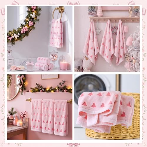 Hahafelt 3Pcs Pink Christmas Tree 100% Cotton Hand Towels – 13.4 x 30 in