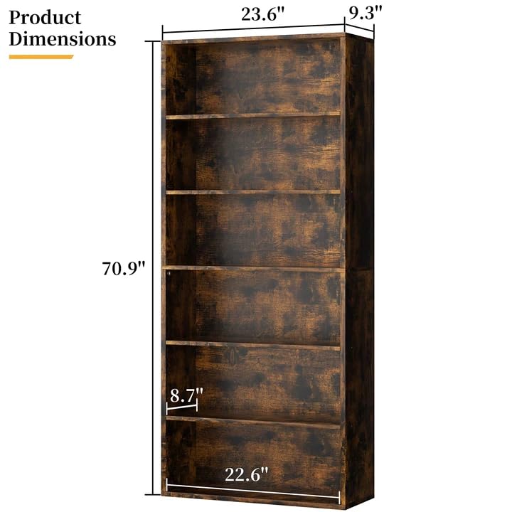 Shintenchi Brown 6-Tier Open Bookcase - 70.9 Inch Modern Storage Shelf for Home & Office