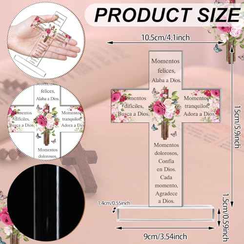 Shellwei Christmas Spanish Christian Acrylic Gift Religious Cross Inspirational Gift Spanish Cross Shape Acrylic Prayer Bible Verse Desk Decor for Women Mom Xmas Mother's Day Birthday(Cute)