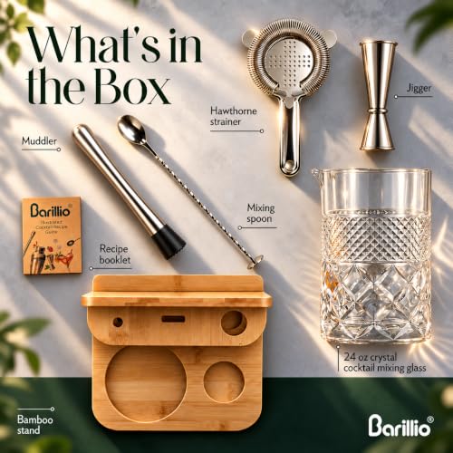 24 Oz Crystal Cocktail Mixing Glass Set with Bamboo Stand & Bar Tools - 7 Pieces