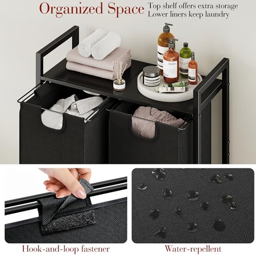Kitstorack Black Laundry Organizer with Shelf & 2 Removable Bags, 2 x 11.8 Gallons