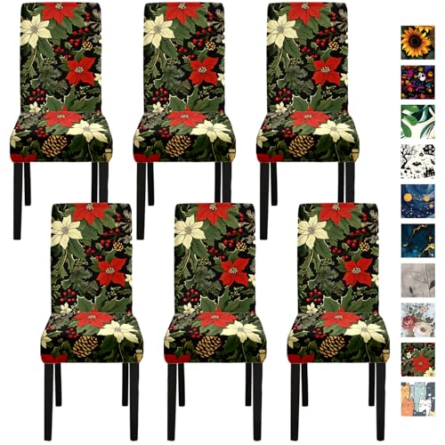 THISFIND 6/03 Christmas Chair Covers for Dining Room - Festive Holiday Floral Slipcovers