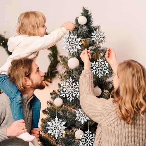 42pcs White Snowflake Ornaments - Christmas Tree Decorations, Hanging Snowflake Decor, Plastic Glitter Snow Flakes for Christmas, Winter, Party