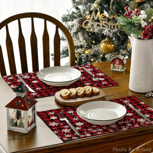 Artoid Mode Red and Black Buffalo Plaid Snowflake Christmas Placemats Set of 12, 12x18 Inch Winter Table Mats for Holiday Dining