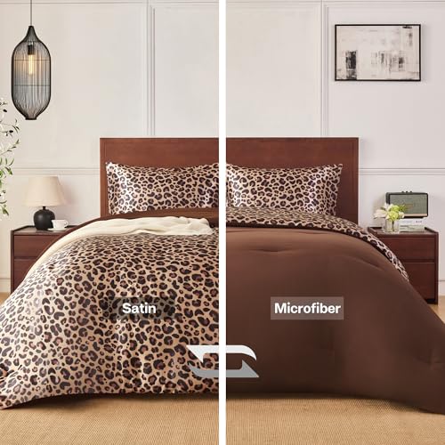 Queen Comforter Set Brown Leopard Reversible Satin Microfiber Bedding 3 Pieces - 10 Variation