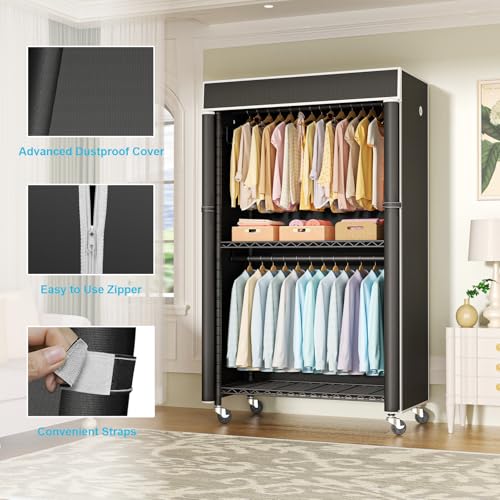 FUTASSI Black Clothing Rack with Cover and Wheels - Portable Garment Organizer