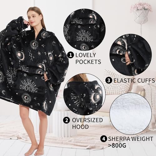 Sun and Moon Oversized Wearable Blanket Hoodie for Adults - Black Variation