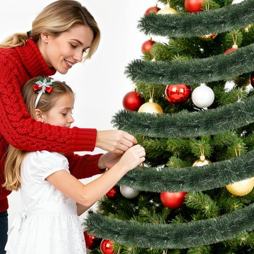 PAKSPAK 50FT-Green Christmas Tinsel Garland, White-Red? No, Green - 50ft Thick Metallic Faux PVC Outdoor/Indoor