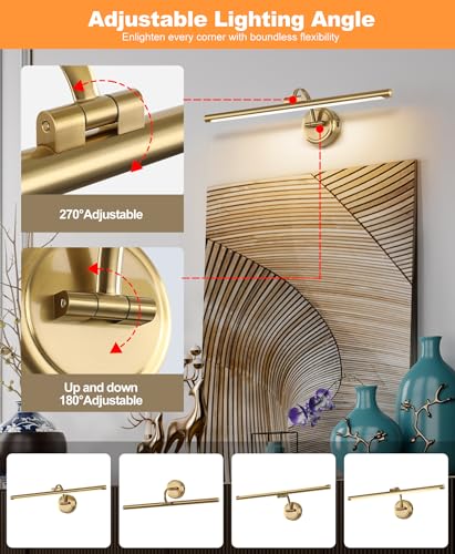 Rechargeable Brass Picture Light for Wall - 23.6 Inch Dimmable Art Sconce with Remote & Timer