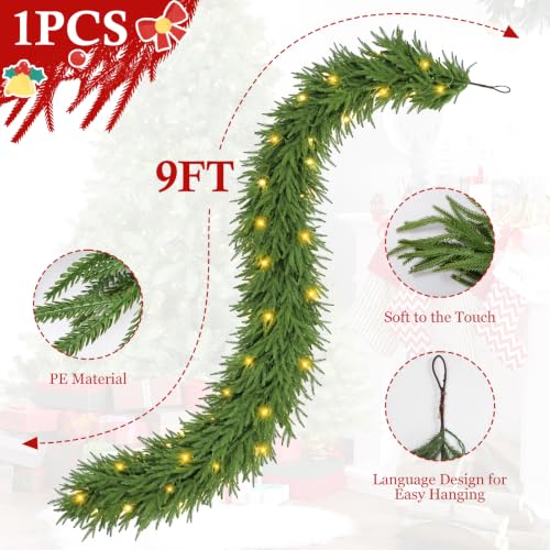 9 ft Real-Touch Norfolk Pine Christmas Garland, Prelit with 3 Light Modes
