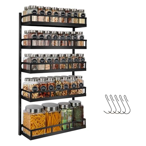 Wall Mount Spice Rack Organizer - 5 Tier Height-Adjustable, Black, 4.6" Depth - Dual-Use Shelf with Hooks