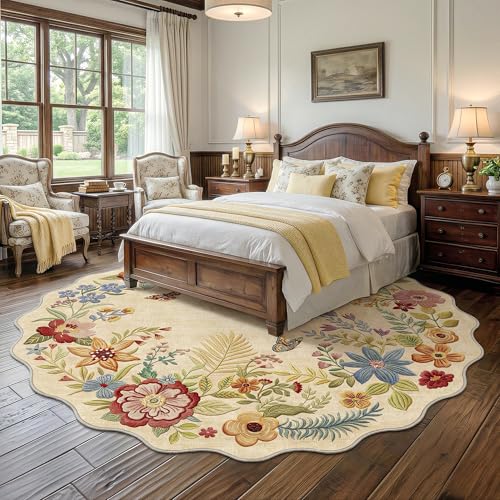 6ft Round Washable Beige Boho Area Rug with Embroidery-Inspired Floral Texture