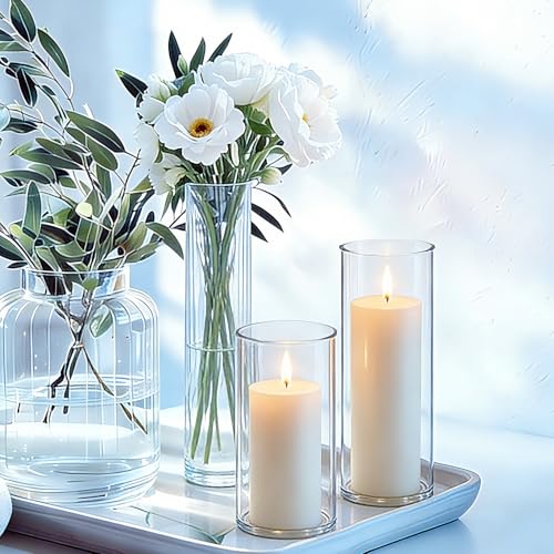 12-Set White Pillar Candles & Glass Candle Holders Set for Weddings & Events
