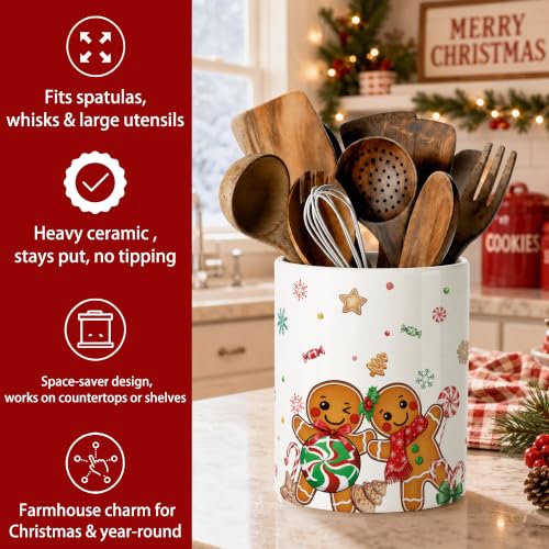 Gingerbread Man Ceramic Utensil Holder - Christmas Farmhouse Kitchen Decor