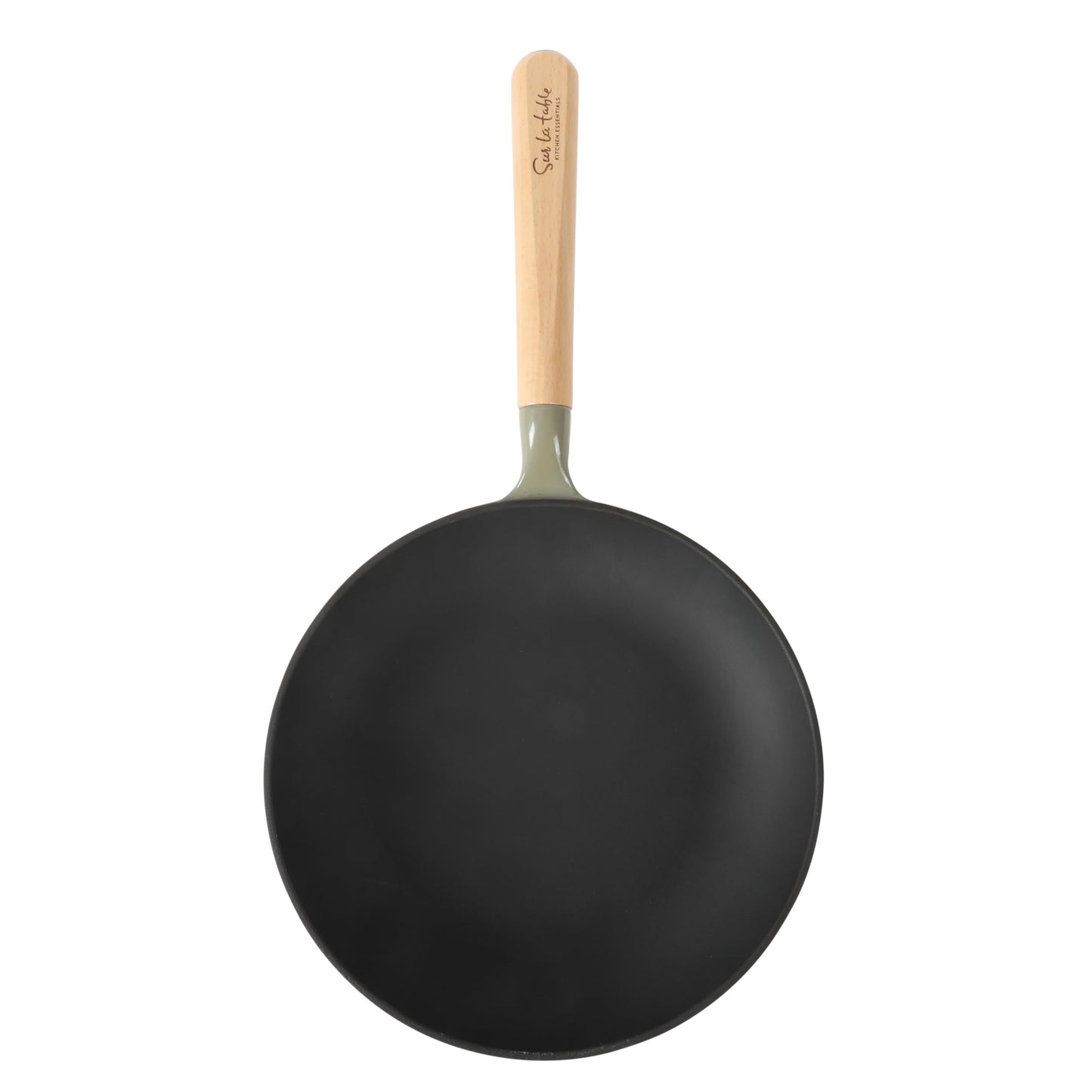 Sur La Table Kitchen Essential Main Canteen 9.5" Pre-Seasoned Cast Iron Skillet w/Wood Handle, Natural Nonstick Lightweight Frying Pan for Searing, Sautéing & Everyday Cooking - Juniper Green