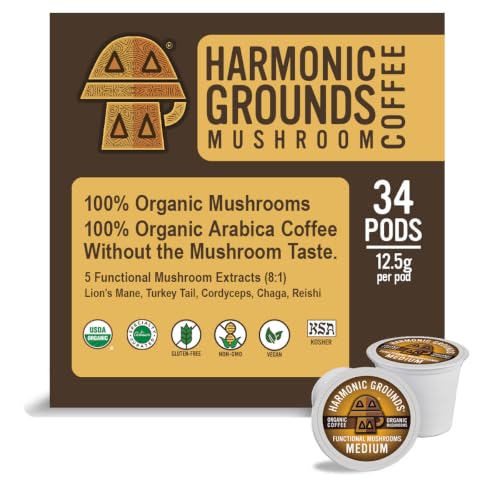 Organic Mushroom Coffee Pods - Medium Roast, K-Cup Compatible, 34 Count