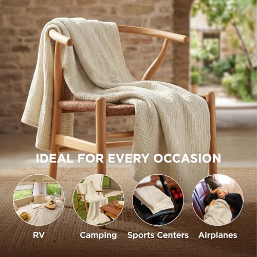 Twin XL Cotton Muslin Blanket - 4-Layer Linen Beige Bed Cover for Dorm
