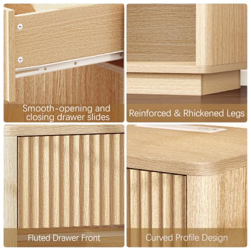 Oak Fluted Nightstand with Charging Station, 1 Drawer - Mid Century Modern Bedroom Furniture