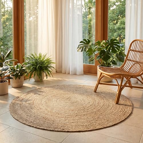 Natural Jute Braided Area Rug - 4 Feet Round, Farmhouse & Coastal Style
