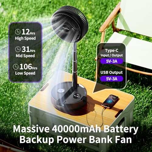 10-Inch Portable Foldable Battery Fan with 8 Speed & Oscillation - Black