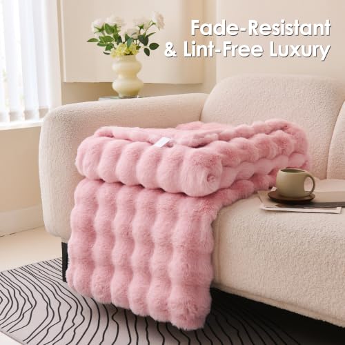 Pink Faux Fur Throw Blanket 50x60 Reversible Bubble Plush Texture - Comelady