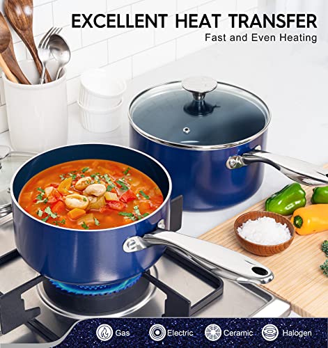 Michelangelo Blue Ceramic Saucepan Set 1Qt, 2Qt & 3Qt with Lids, Nonstick, Oven Safe