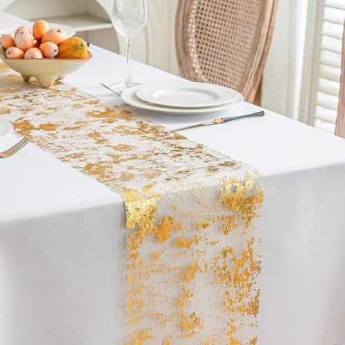 NALVXIN Gold 50ft Glitter Table Runner - 11 in Wide Thin Metallic Mesh for Wedding & Party Decor (Gold, 50FT)
