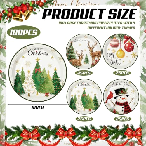 Moinchore 100 Pcs Christmas Paper Plates 9 Inch - Classic Variety Pack