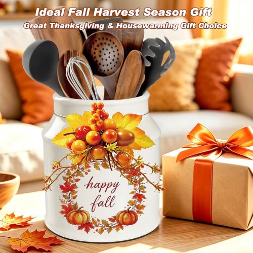 Fall Ceramic Utensil Holder with Autumn Wreath - BOXJINCO Fall Decor