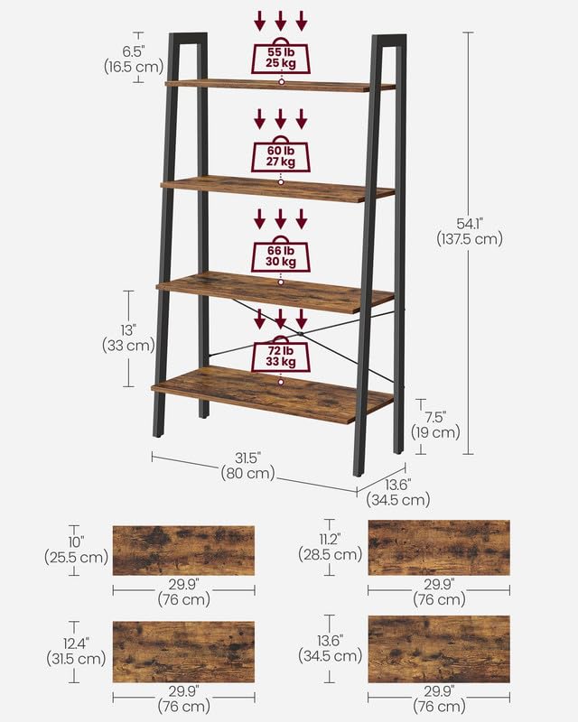 VASAGLE 4-Tier Ladder Shelf Without Back Panels Rustic Brown & Ink Black 31.5W