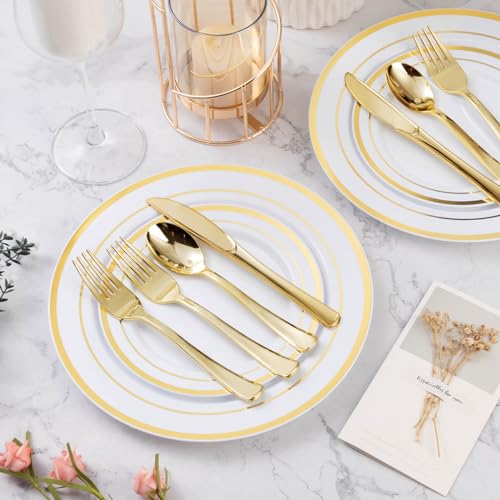 Gold Plastic Dinnerware Set for 100 Guests - 600 Pcs Party Plates & Utensils