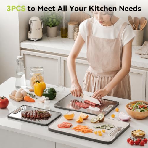 Set of 3 Double-Sided Titanium & Wheat Straw Cutting Boards - 15x10.4, 12x8.3, 17.4x12 Inches