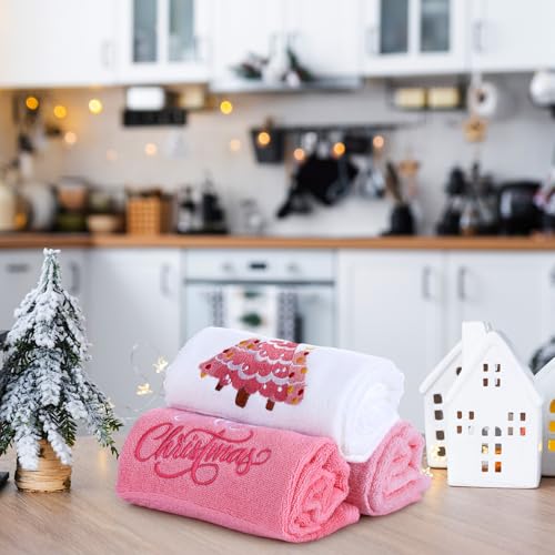 Pink Christmas Hand Towels Set - 3 Embroidered Holiday Bathroom & Kitchen Decor, Merry Christmas & Light Pink Variation