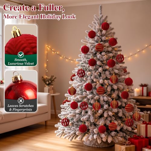 WISELIFE Red Velvet Christmas Ball Ornaments 30 Pack, 2.4in, with Gold Caps