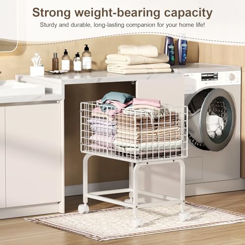 Eyteenokk 80L White Wire Rolling Laundry Basket with Handle, 23.6 x 15.75 x 28 inches