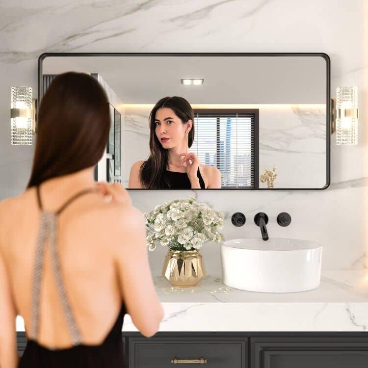 LOAAO Black Metal Framed Bathroom Mirror - 60x28 Inch Large Rounded Rectangle | Anti-Rust Tempered Glass