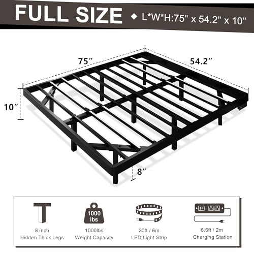 Feonase Full Size Floating Bed Frame with Charging Station and Led