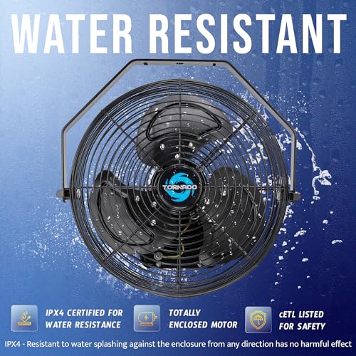 Outdoor Water-Resistant Metal Wall Mount Fan - 12 Inch, 3-Speed, IPX4 Rated, Heavy-Duty Industrial Fan, Black – Variation 1
