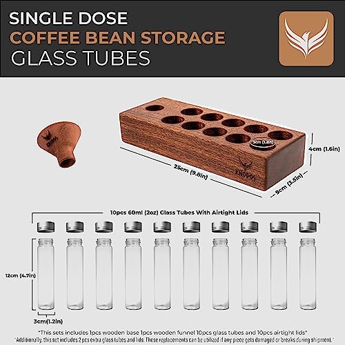 Coffee Bean Storage Tubes Set with Wooden Stand & Funnel - Airtight Glass Vials for Espresso & Filter Coffee, 10 Pieces