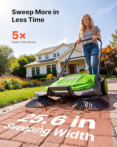 VEVOR Green Walk-Behind Hand Push Floor Sweeper, 25.6-Inch Width, Manual Non-Electric Yard Sweeper