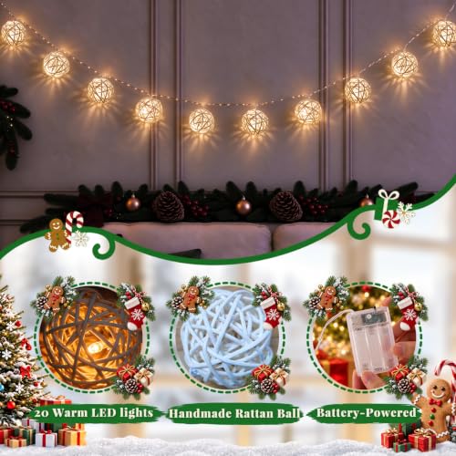 LAWOHO White 10.3 ft Christmas Garland with 20 Rattan Balls & LED Lights (Variant: White)